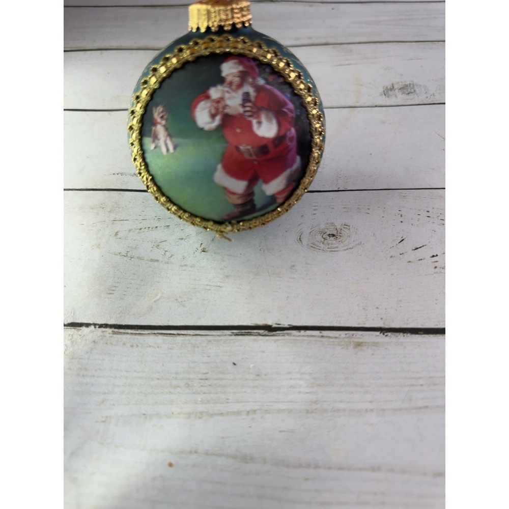 Coca-Cola Santa Claus Glass Ornament Teal Blue Circa 1961 Haddon Sundblom Gold